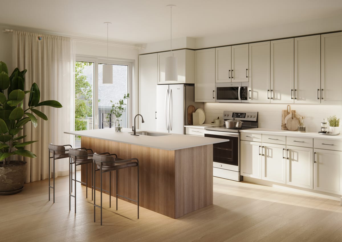 Interior rendering of an open-plan unit kitchen with island and cream cabinetry