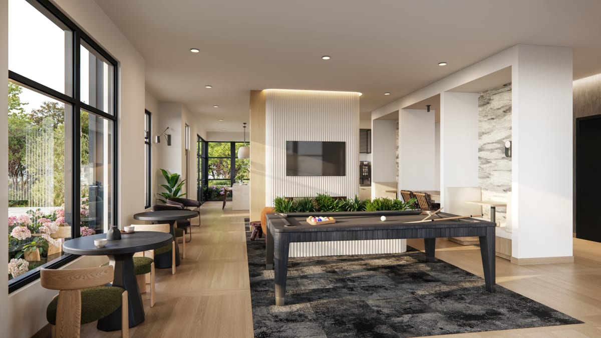 Interior rendering of a residents' clubroom with pool table and lounge seating