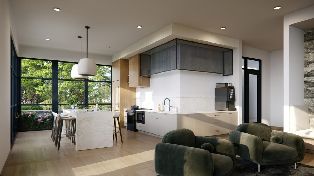 Interior rendering of a clubroom kitchen with marble island and lounge chairs
