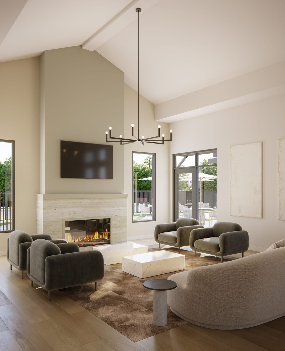 Interior rendering of a clubroom lounge with fireplace and vaulted ceiling