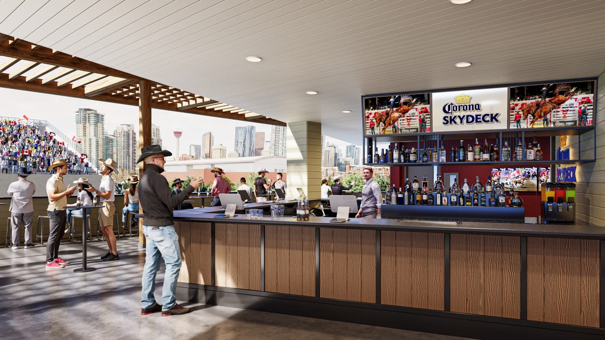 Rendering of the Corona Skydeck bar overlooking the Calgary Stampede grandstand and downtown Calgary skyline
