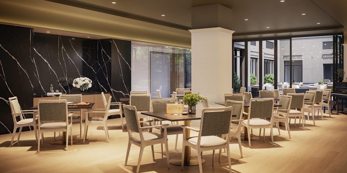 Interior rendering of a residents' dining room with marble feature wall