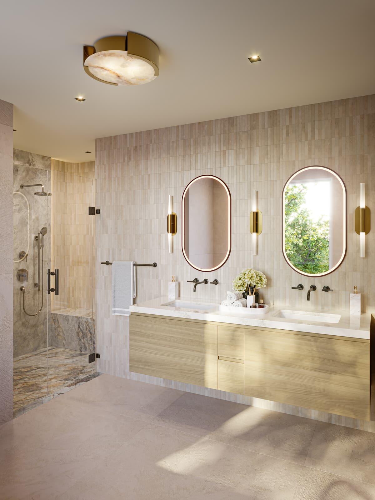 Interior rendering of a spa-style bathroom with double vanity