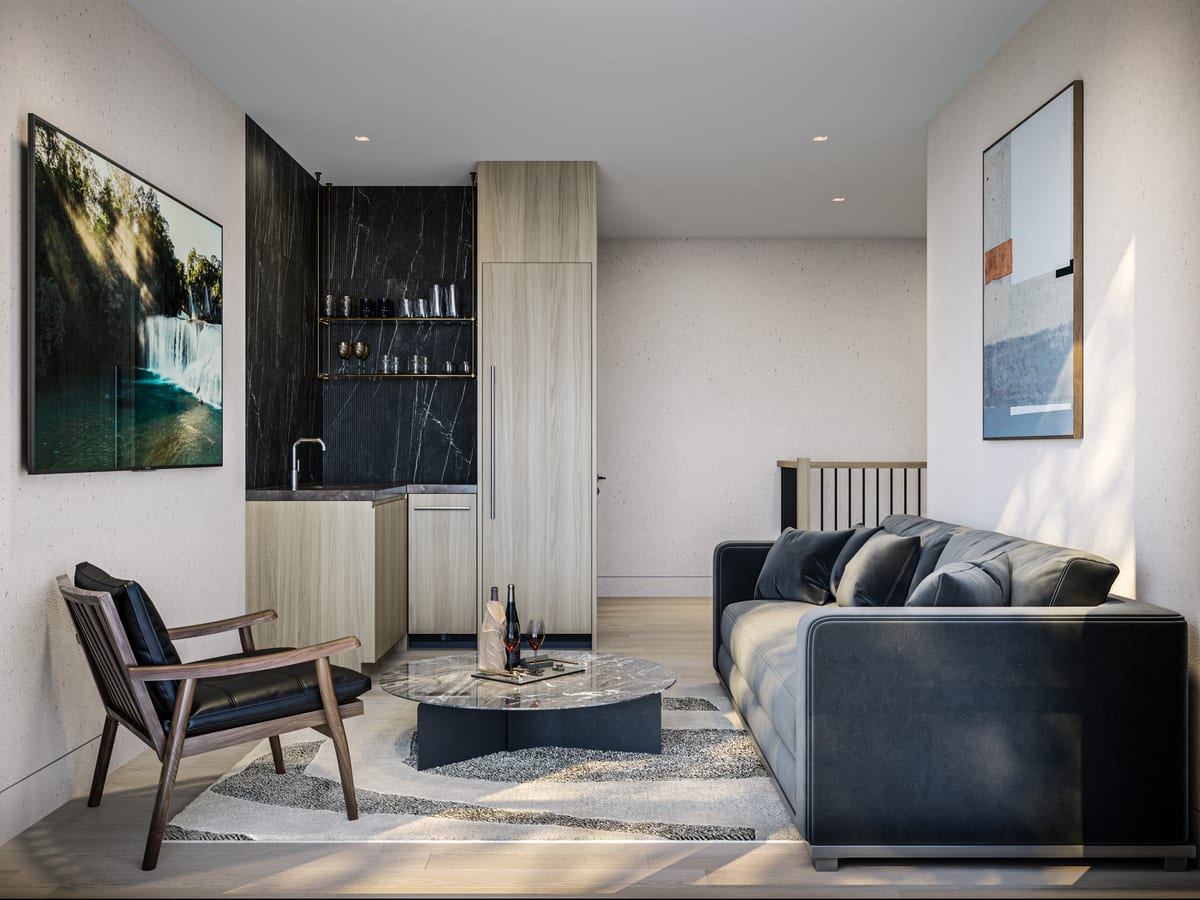 Interior rendering of a lounge with wet bar and marble feature wall