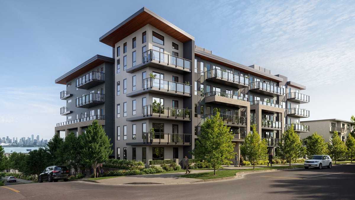 Exterior rendering of a mid-rise condominium development