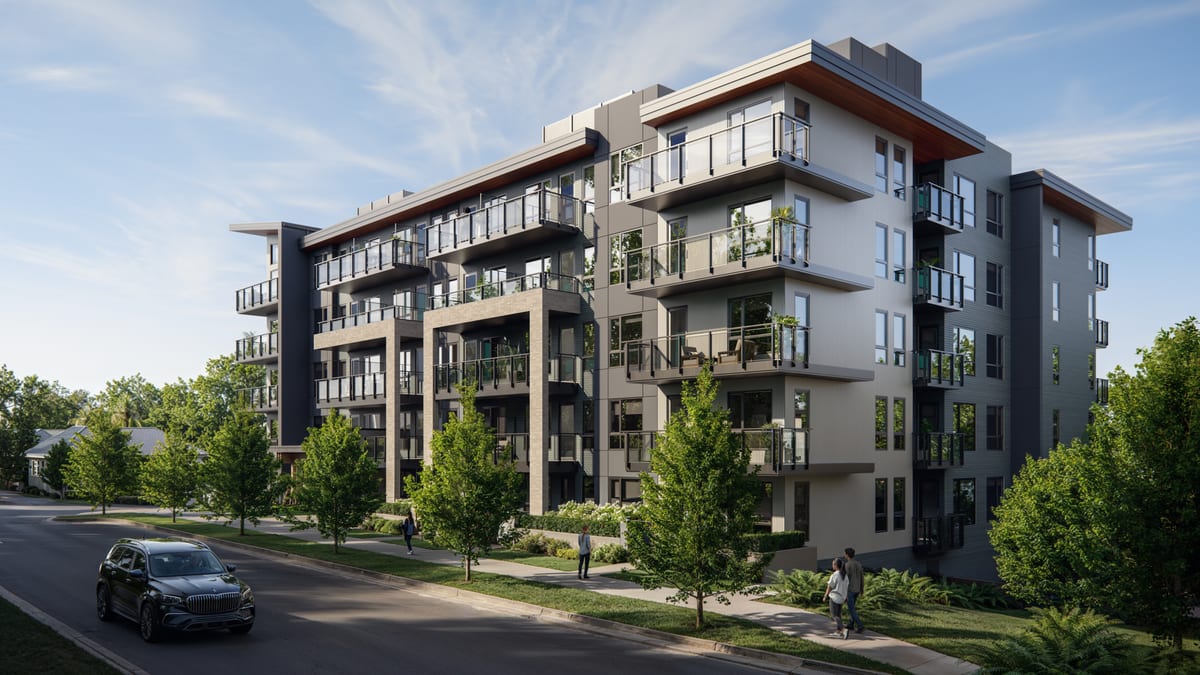 Dusk exterior rendering of a six-storey multifamily building on a tree-lined street