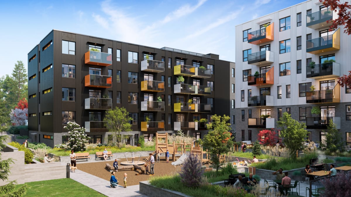 Rendering of a multifamily courtyard with playground between two condo buildings
