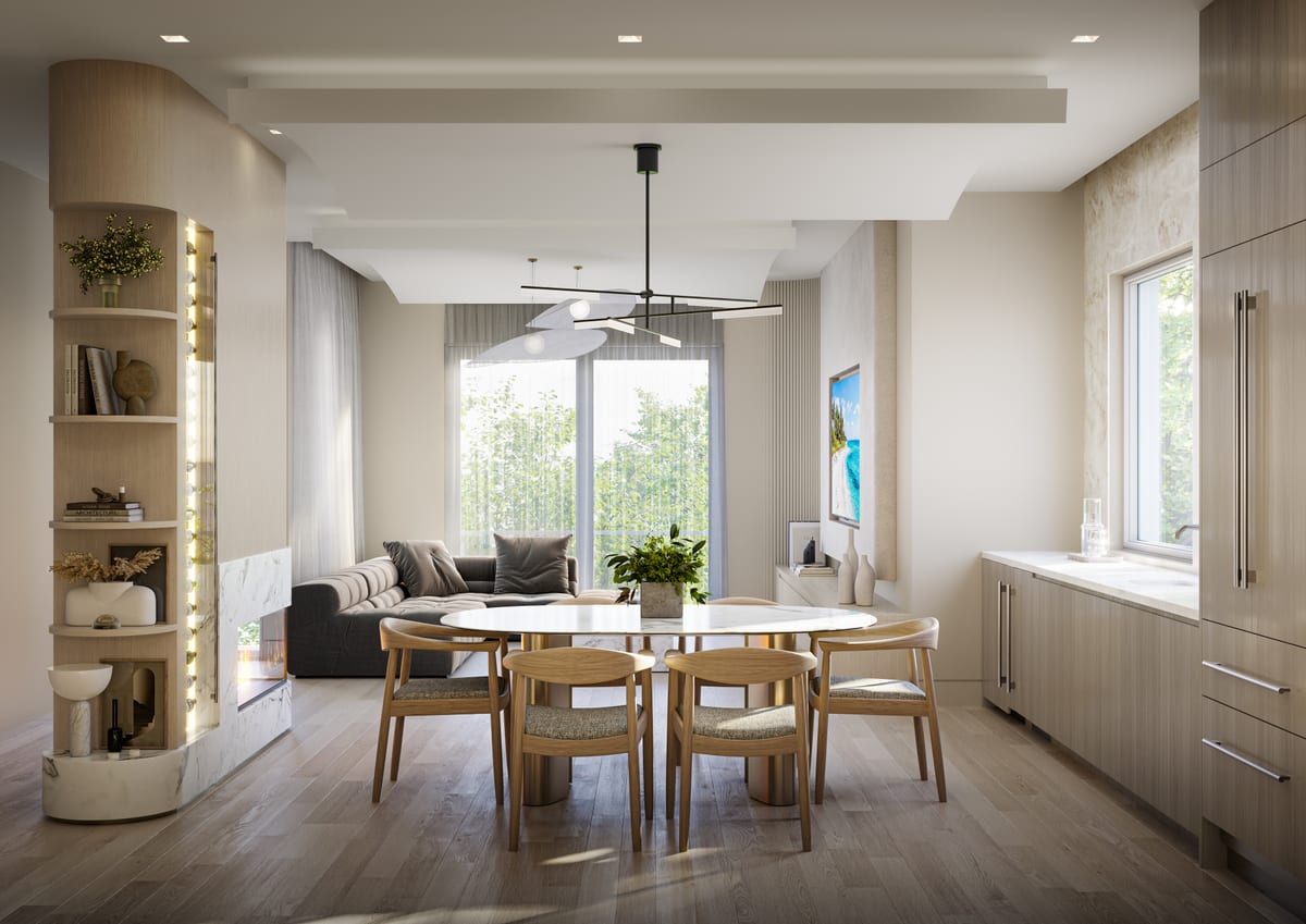 Interior rendering of an open-plan dining and living space with marble fireplace