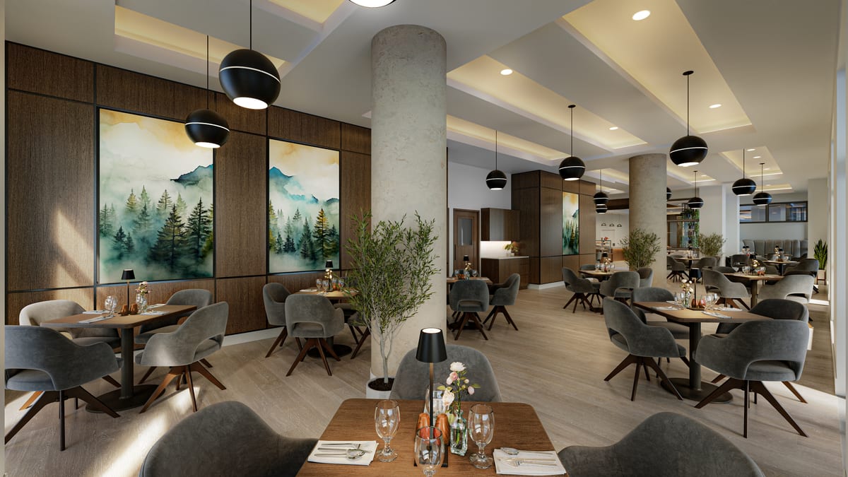 Interior rendering of a residents' dining room with forest artwork and pendant lighting