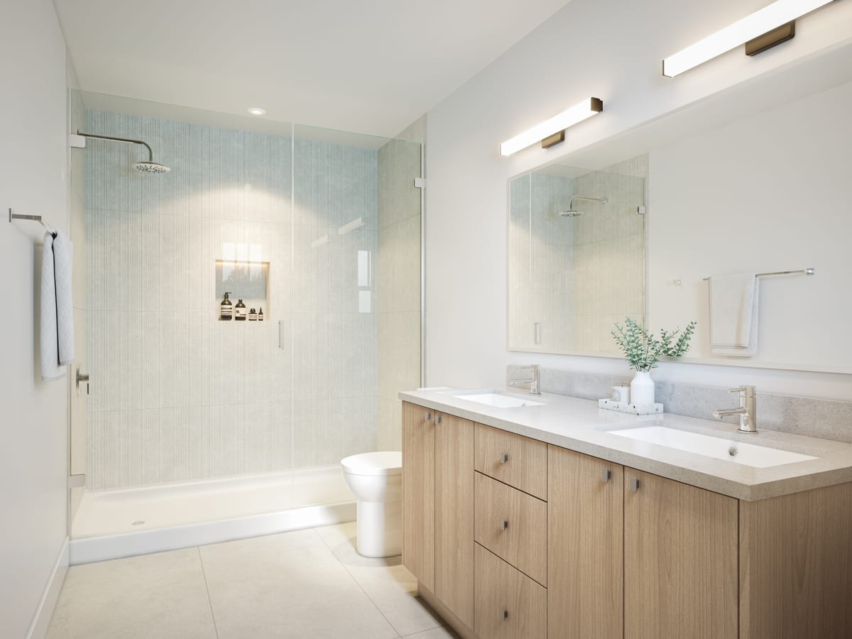 Interior rendering of a bathroom with double vanity and glass shower