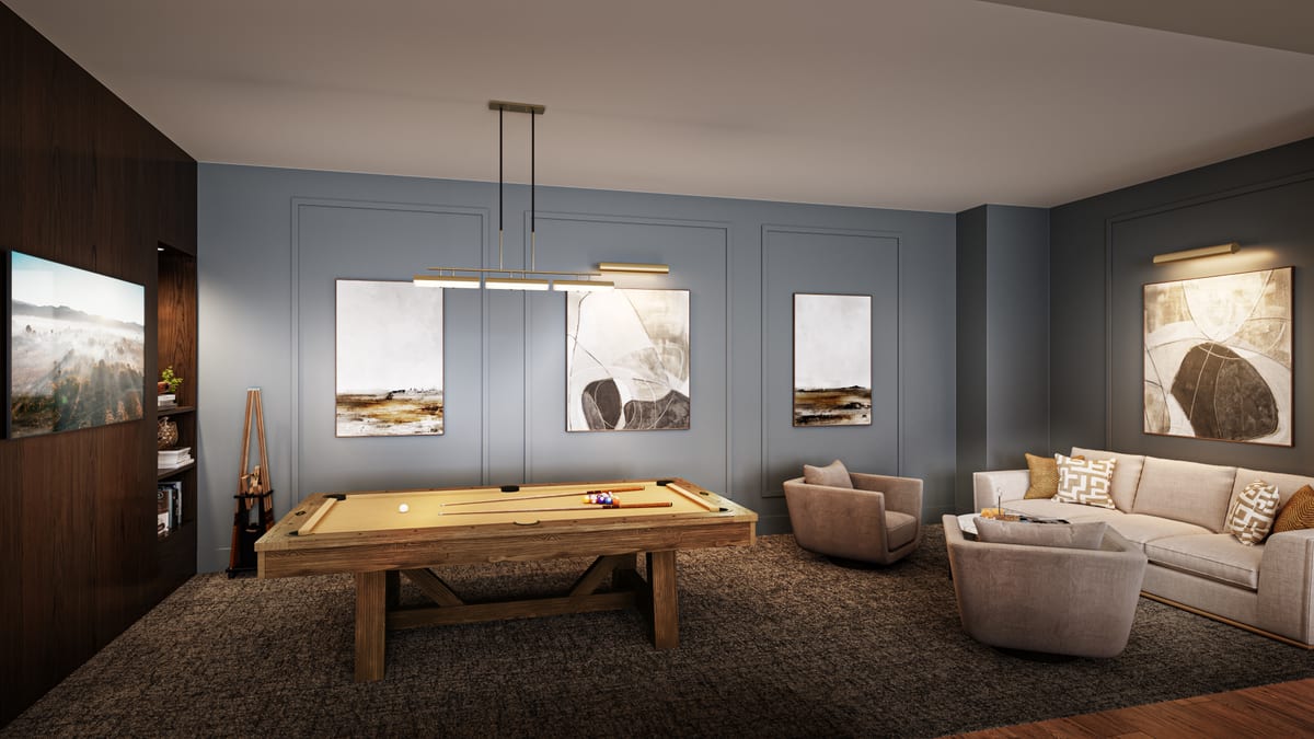 Evening rendering of a residents' games lounge with billiards table