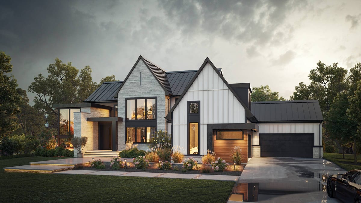 Dusk exterior rendering of a modern farmhouse-style home