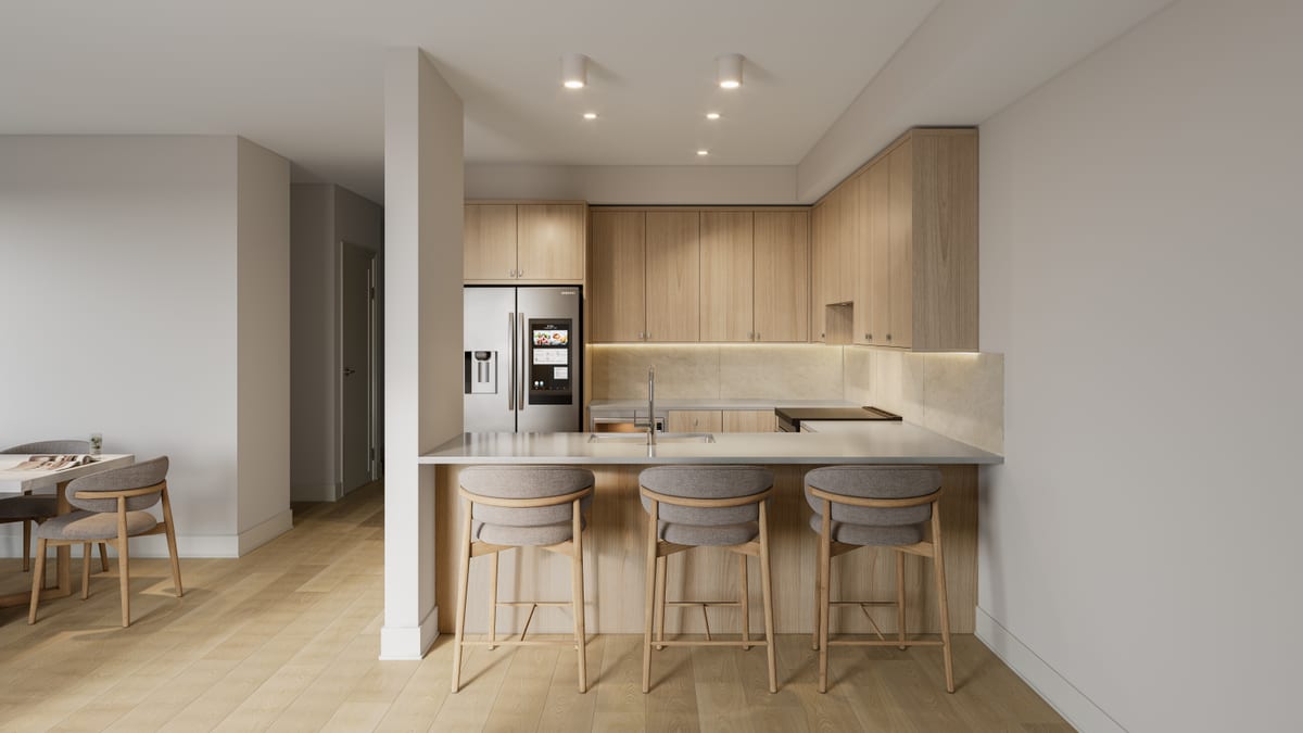 Interior rendering of a white oak kitchen