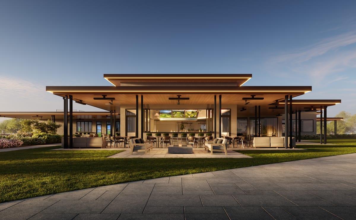 Dusk rendering of an outdoor amenity pavilion with a warm wood ceiling and lounge seating