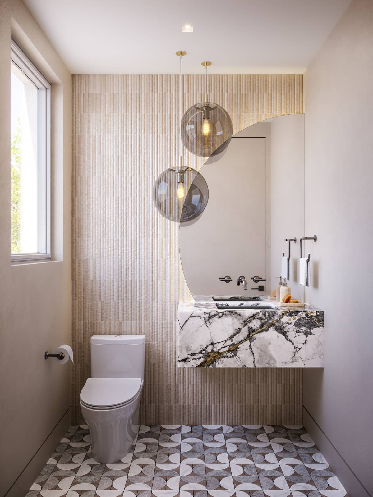 Interior rendering of a powder room with stone vanity