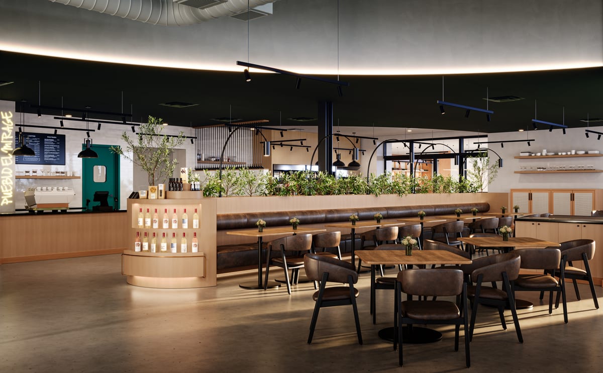 Interior rendering of a restaurant bar with banquette seating