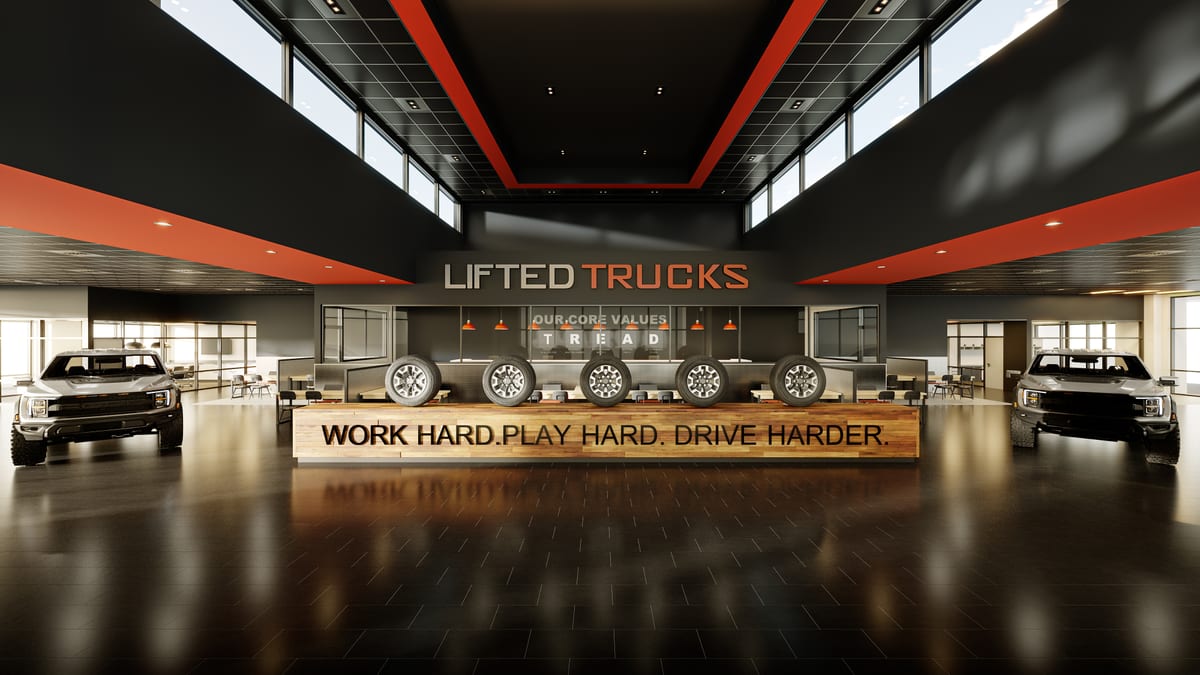 Interior rendering of an automotive dealership showroom